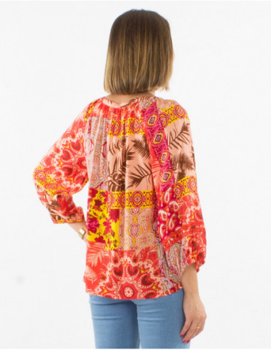 Chemisier fluide à manches 3/4 pour le printemps motif patchwork baba cool rose corail