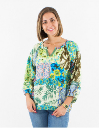 Women's summer flowing blouse with patchwork pattern baba cool emerald blue