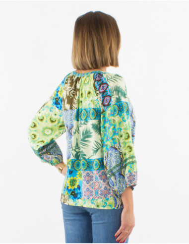 Fluid blouse with 3/4 sleeves for spring patchwork pattern baba cool emerald blue