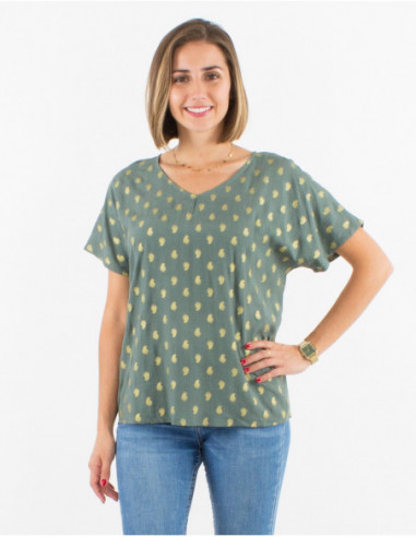 Summer flowing tee shirt 2023 khaki green with golden bohemian print