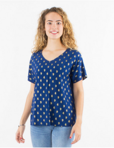 Summer flowing tee shirt 2023 navy blue with golden bohemian print