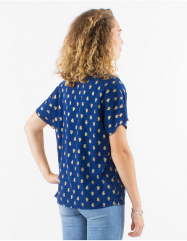 Light navy blue blouse for summer with V-neck and gold boho pattern