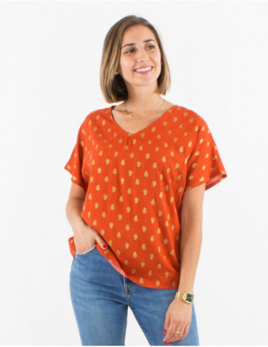 Summer flowing tee shirt 2023 rust with golden bohemian print