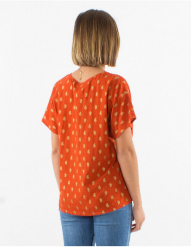Blouse légère rouille pour l'été avec col V et motif boho doré