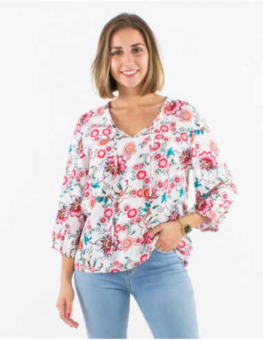 Blouse à manches 3/4 ballon liens sur le col à imprimé boho fleuri blanc