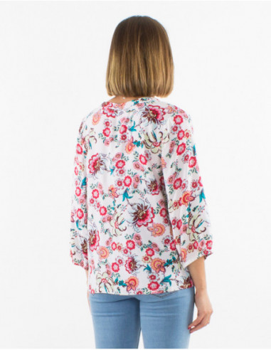 Chemisier à manches 3/4 bohème chic pour femme bohème fleuri blanc