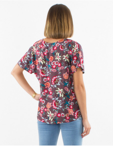 Top fluide pour femme à motifs boho romantique fleurs marron chocolat