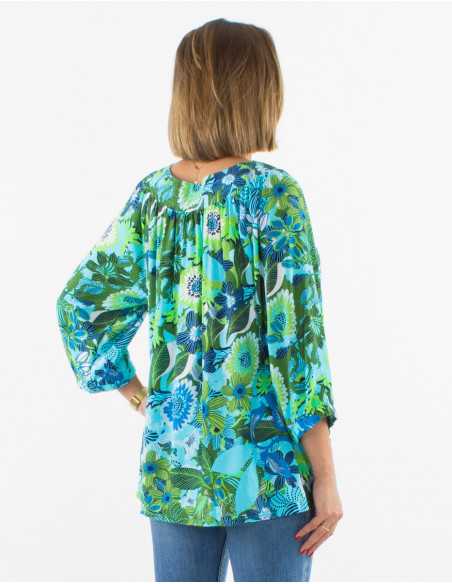 Blouse ample confortable pour femme à motif baba cool fleuri bleu