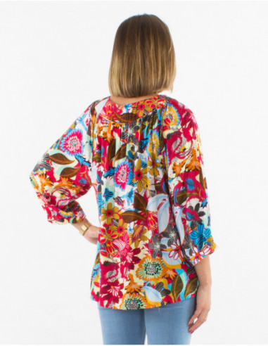 Blouse ample confortable pour femme à motif baba cool fleuri rouge