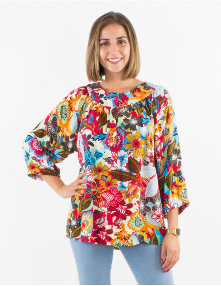Blouse tunique à manches 3/4 pour le printemps avec motif baba cool grosses fleurs rouges