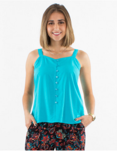 Chic cotton blouse for summer with plain turquoise buttons