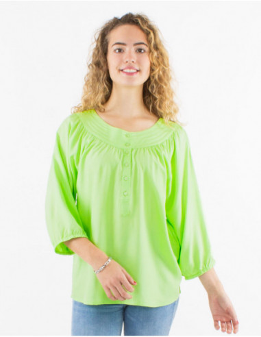 Chemisier fluide à col original avec surpiqures unie chic vert anis