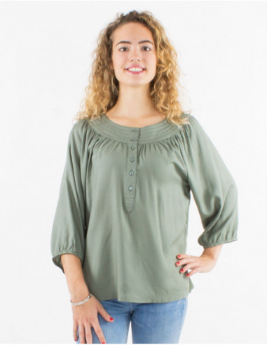 Blouse à manches 3/4 avec col original unie basique vert kaki