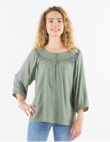 Fluid blouse with original collar with stitching plain chic khaki green