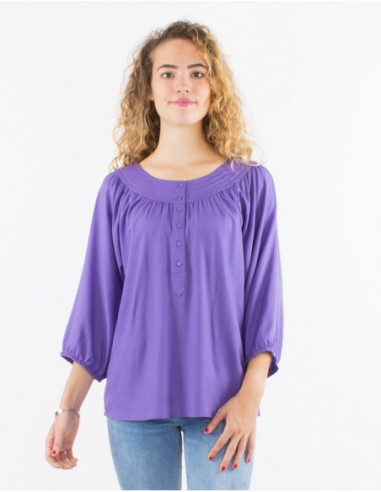 Blouse à manches 3/4 avec col original unie basique lavande