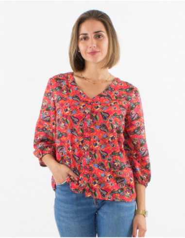 3/4 sleeves balloon baba cool shirt with coral orange floral paisley