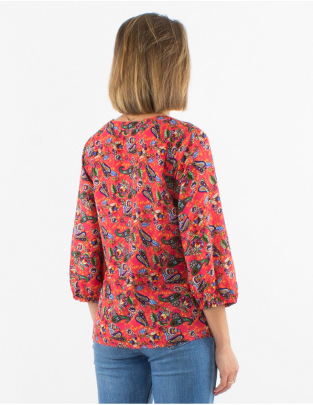 Original romantic V-neck blouse with coral orange floral paisley print