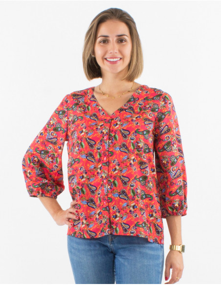Blouse à boutons originale pour femme ce printemps motif cachemire fleuri orange corail