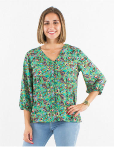 3/4 sleeves balloon baba cool shirt with emerald blue floral paisley