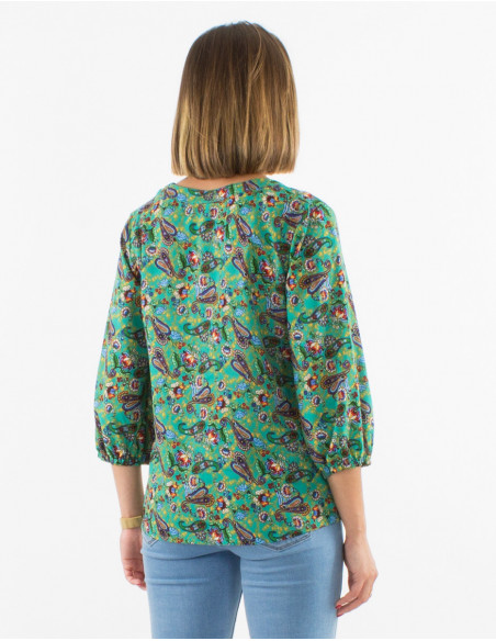 Original romantic V-neck blouse with emerald blue floral paisley print