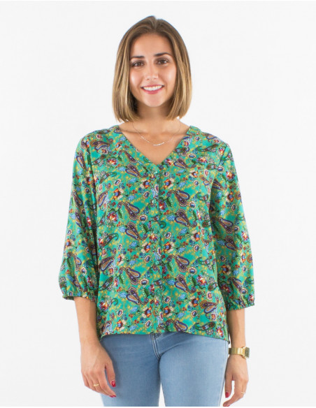 Original button-down blouse for women this spring with emerald blue floral paisley