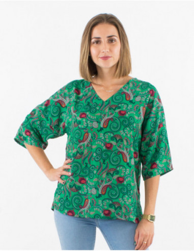 Women's summer loose-fitting t-shirt with emerald blue paisley bohemian print