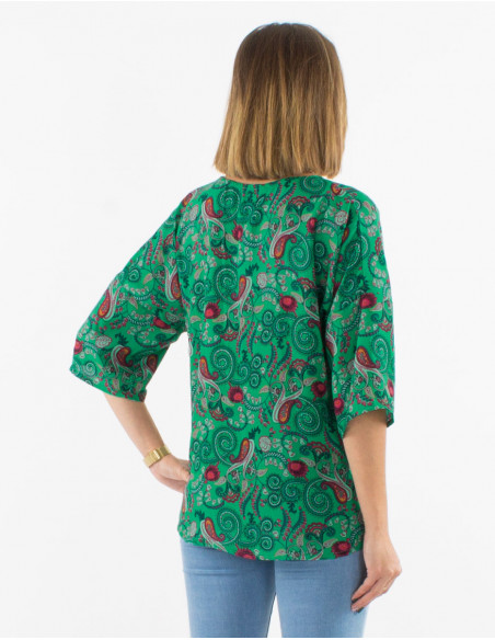 Blouse à manches 3/4 légère pour le printemps avec motifs cachemire original bleu émeraude