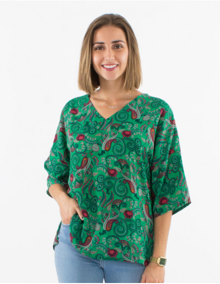 Women's original emerald blue paisley blouse ideal for summer 2023