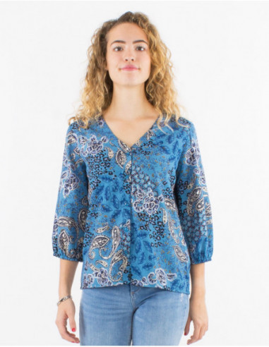 3/4 sleeves blouse summer fluid cashmere silver blue