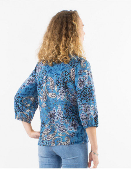 Blue gold paisley print flowing blouse for spring