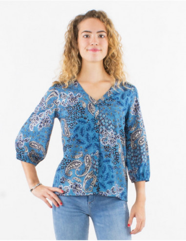 3/4 sleeves blouse summer fluid cashmere silver blue