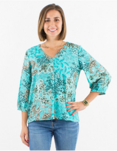 3/4 sleeves blouse summer fluid cashmere silver blue emerald