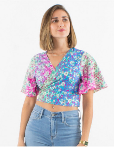 Top fluide léger cache cœur pour l'été avec motif romantique pastel petites fleurs