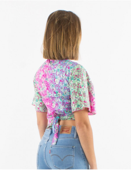 Pink floral pastel print short wrap top for summer
