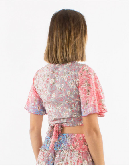 Salmon pink floral pastel print short wrap top for summer