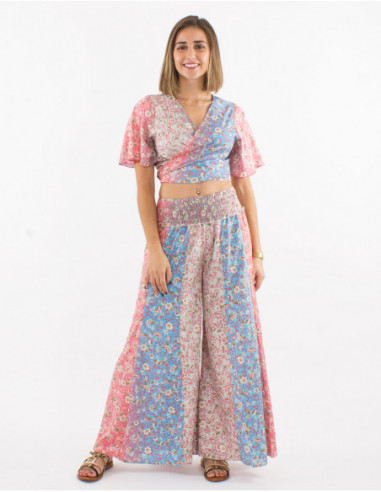 Original look for the summer crop top and wide pants with gradient pastel print for women