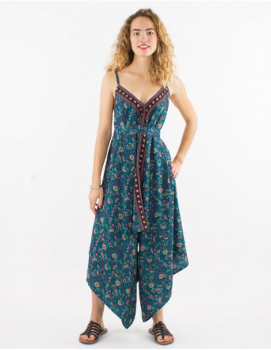 Baba cool loose-fitting jumpsuit with small petrol blue flowers