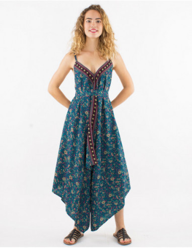 Women's trouser suit with small petrol blue flowers