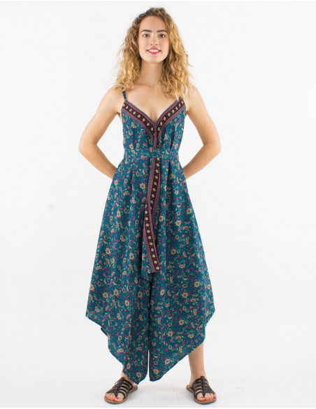 Women's trouser suit with small petrol blue flowers