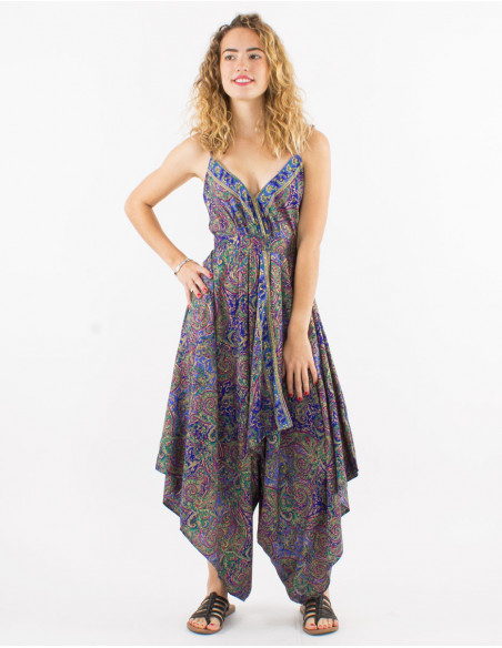 Combi pantalon baba cool fluide cintré motif original bleu