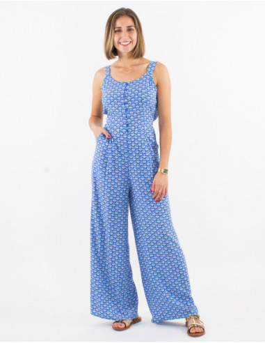 Women's chic halter pant suit with blue geometric pattern