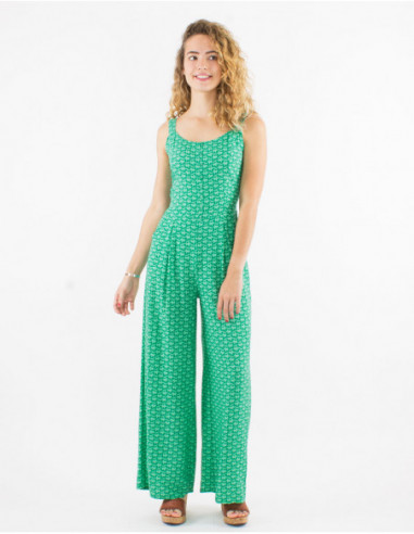 Women's chic halter pant suit with mint green geometric pattern