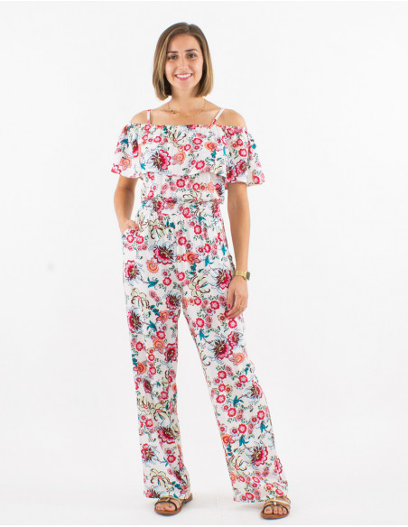 Combinaison pantalon fluide d'été à motifs bohème chic fleuri blanc