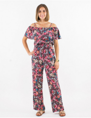 Chocolate brown jumpsuit with romantic floral print for spring