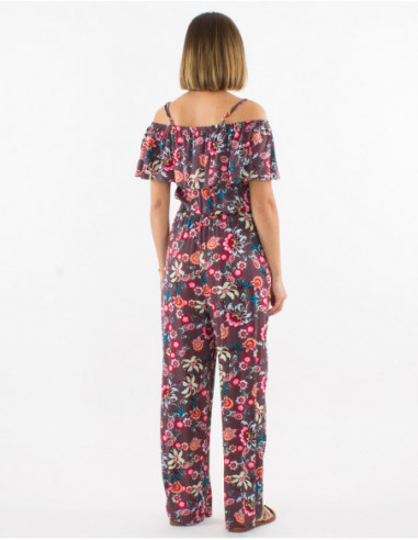 Combi pantalon romantique pour femme à motifs petites fleurs marron chocolat
