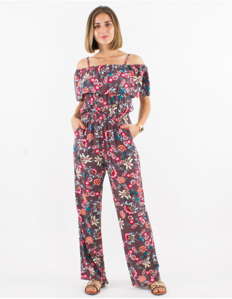 Combinaison pantalon fluide d'été à motifs bohème chic fleuri marron chocolat