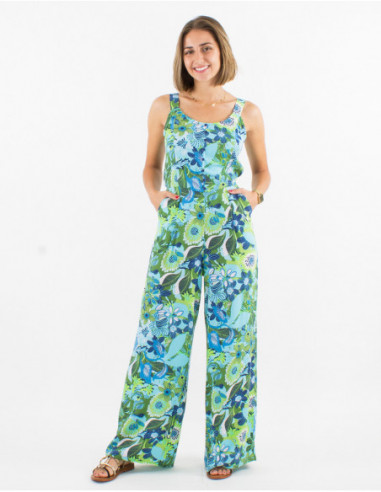 Women's chic loose-fitting jumpsuit with blue baba cool flower print