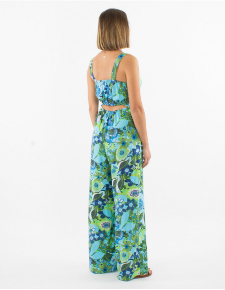 Women's summer pantsuit with original blue floral pattern