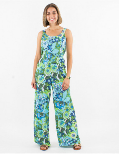 Baba cool flowing pantsuit for summer with big blue flowers print