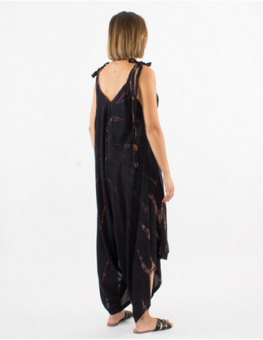 Combi pantalon légère pour l'été originale Tie and Dye noir avec nœud sur les épaules